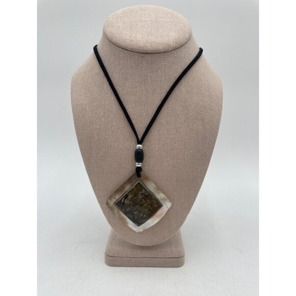 Mother-Of-Pearl & Horn Diamond Pendant Necklace On Black Cord Adjustable Jewelry - Picture 1 of 4